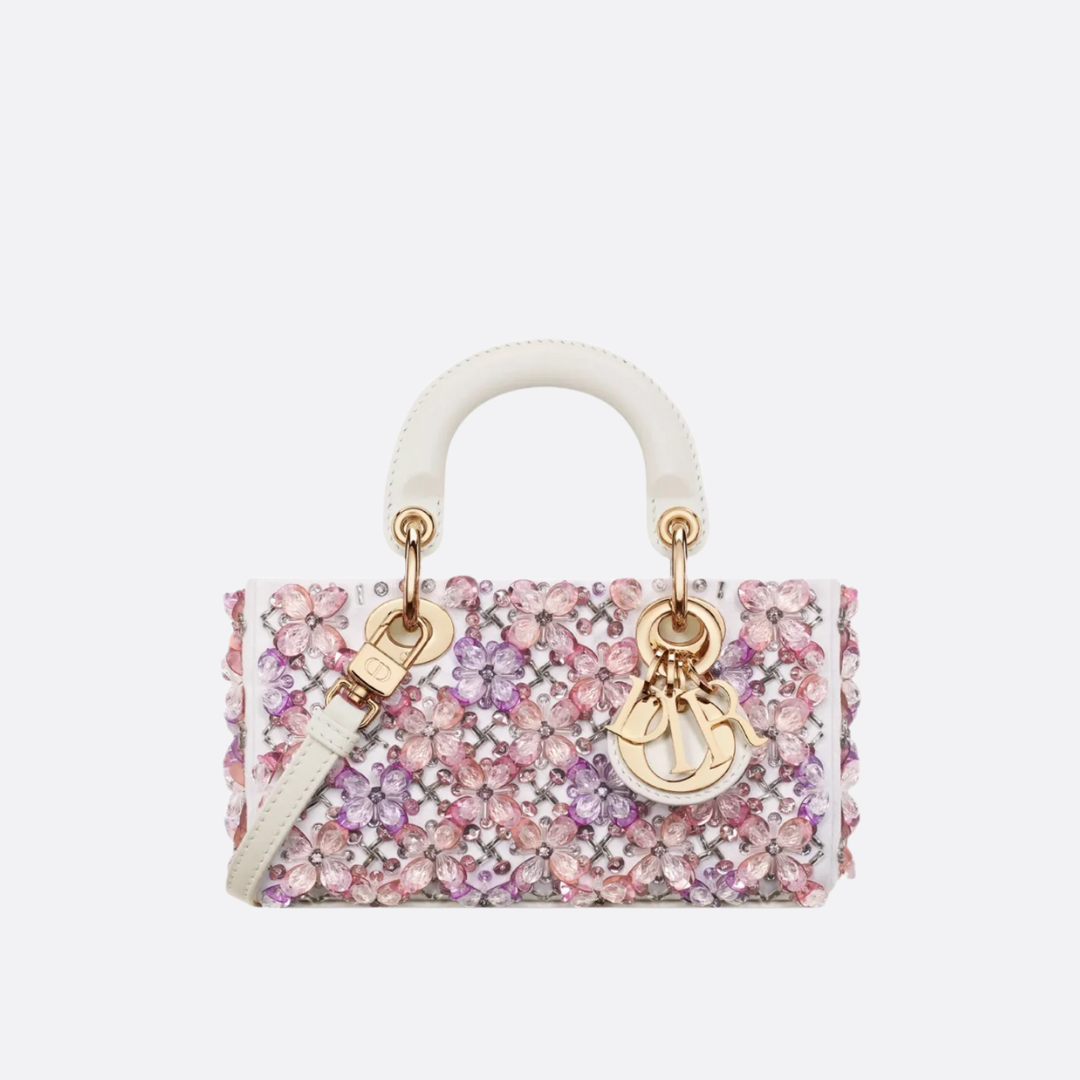 CARTERA DIOR LADY D-JOY MICRO DE PIEL DE BECERRO BLANCA CON BORDADO FLORAL ROSA Y STRASS