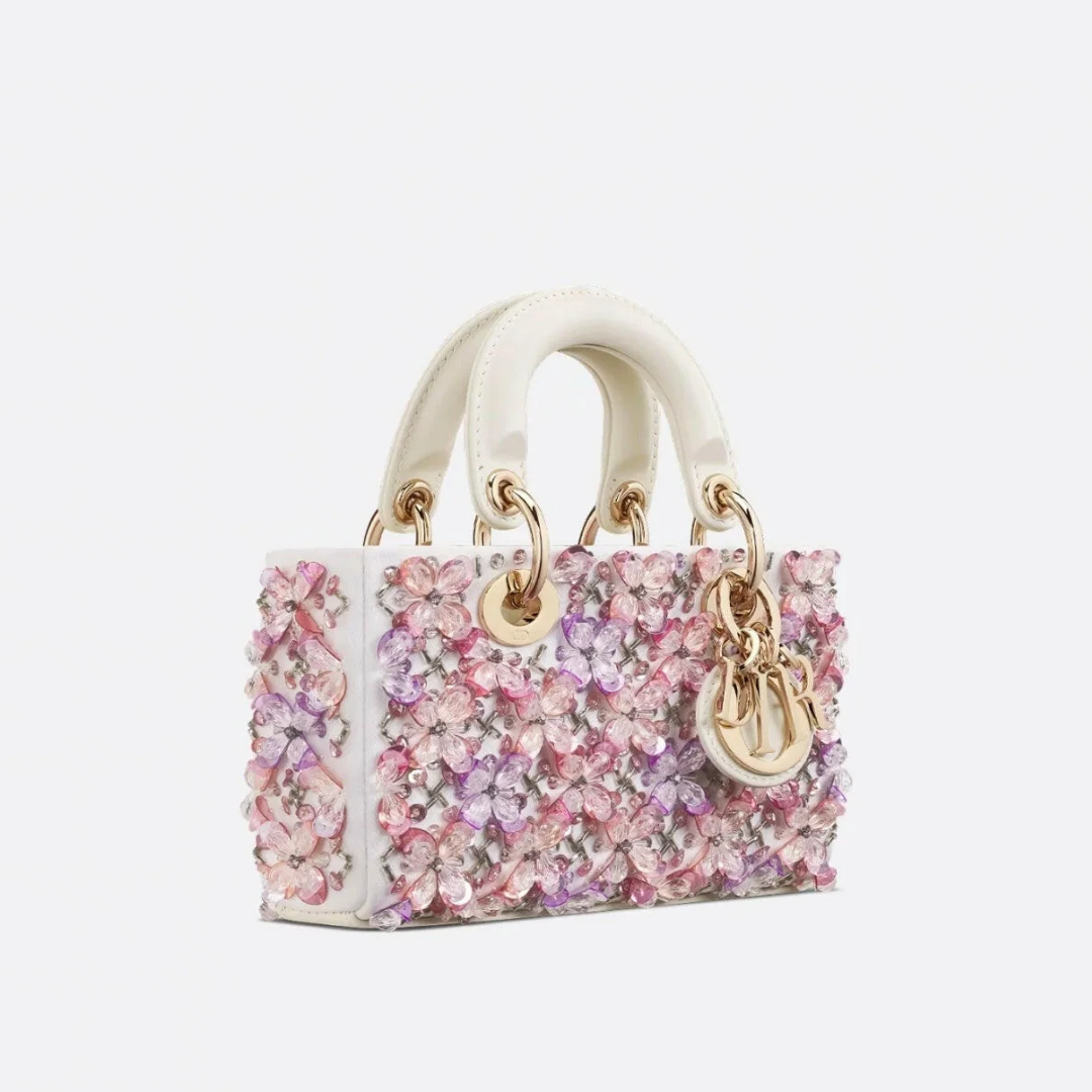 CARTERA DIOR LADY D-JOY MICRO DE PIEL DE BECERRO BLANCA CON BORDADO FLORAL ROSA Y STRASS