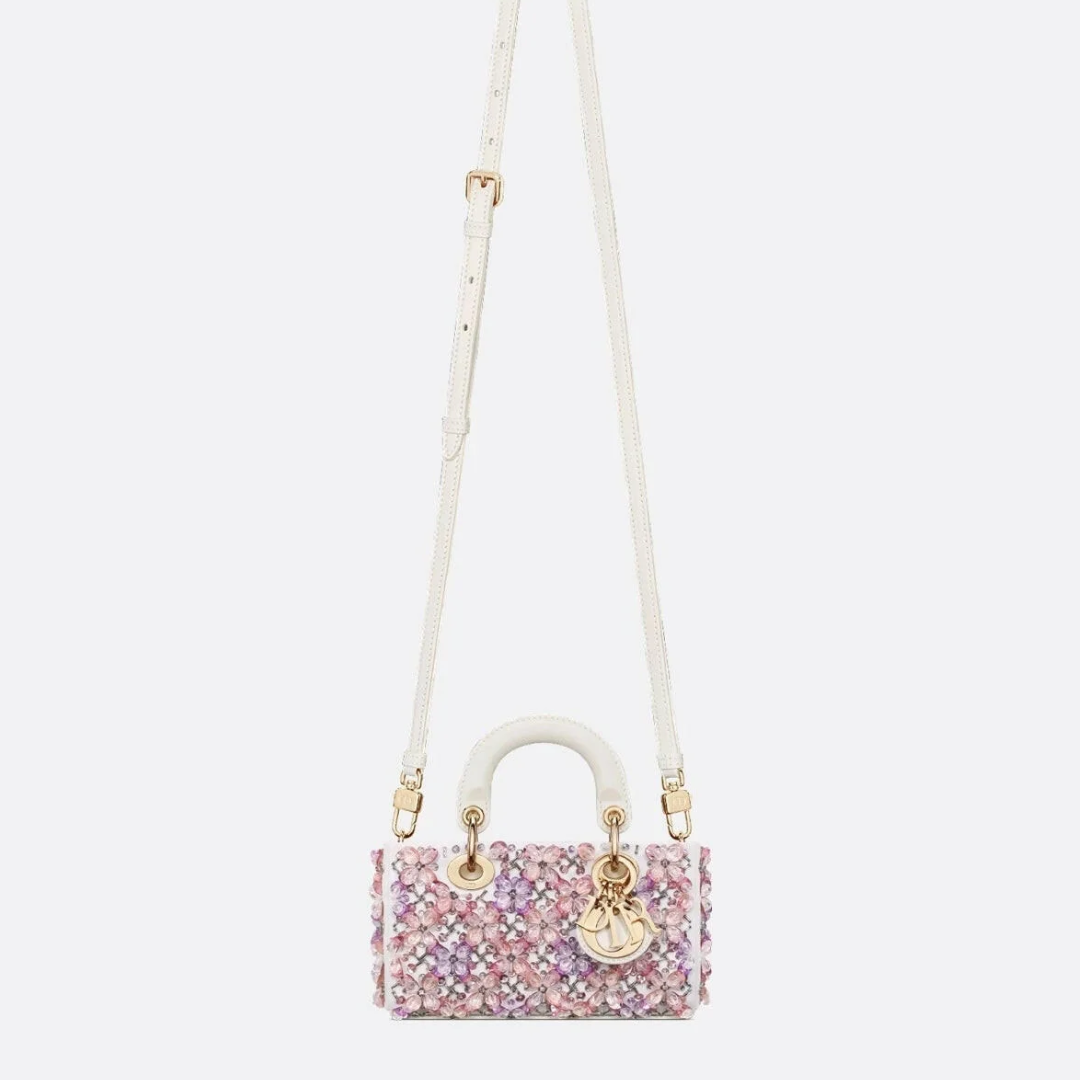 CARTERA DIOR LADY D-JOY MICRO DE PIEL DE BECERRO BLANCA CON BORDADO FLORAL ROSA Y STRASS