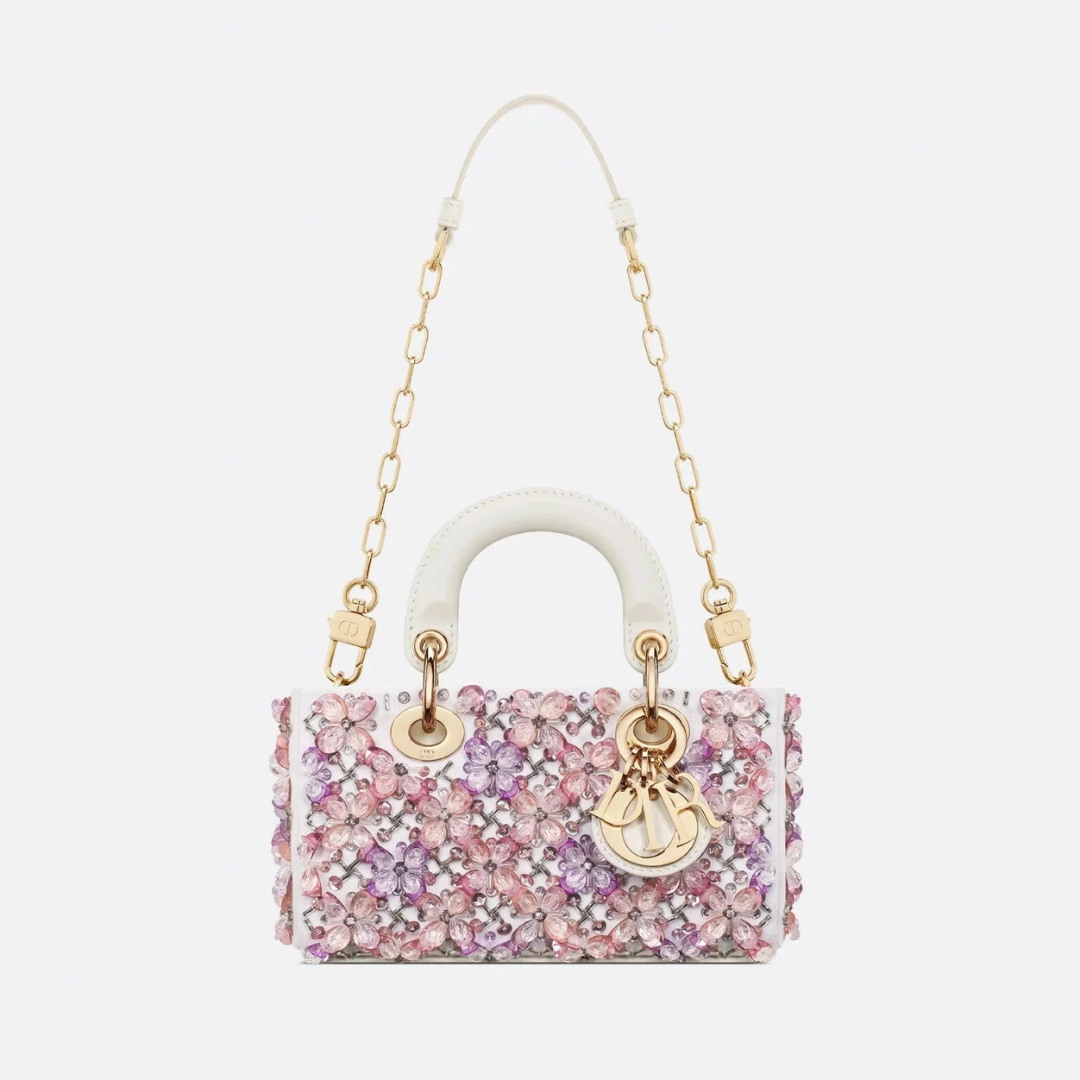 CARTERA DIOR LADY D-JOY MICRO DE PIEL DE BECERRO BLANCA CON BORDADO FLORAL ROSA Y STRASS