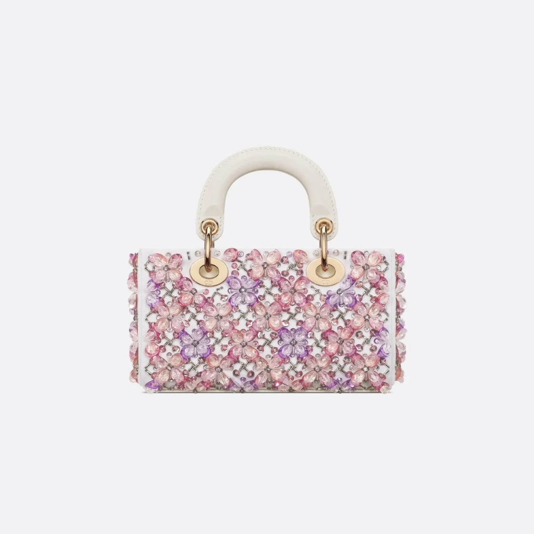 CARTERA DIOR LADY D-JOY MICRO DE PIEL DE BECERRO BLANCA CON BORDADO FLORAL ROSA Y STRASS