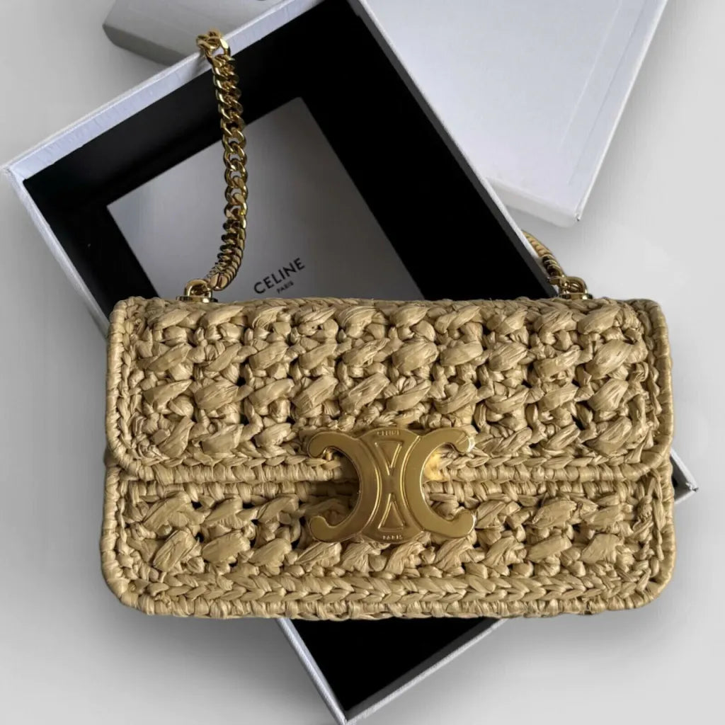 CARTERA  DE HOMBRO CLAUDE CON CADENA EN RAFIA EFECTO TELA